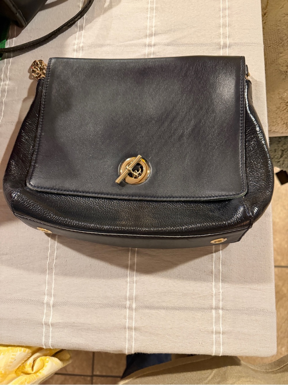 Women's Black Leather Shoulder Bag with Gold Turn-Lock Accent